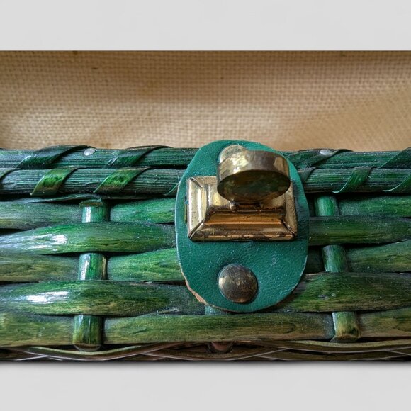 Vintage‎ Green Wicker Rattan Satchel Briefcase Purse Bamboo Handle  14"X10" MCM - Picture 7 of 16